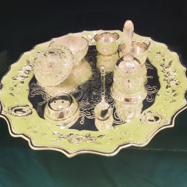 Blue Enamel Silver-Plated Pooja Thali Set