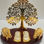 Kalpavriksha Tree with Charan Paduka & Elephant Figurines on Wooden Base