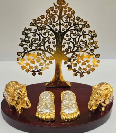 Kalpavriksha Tree with Charan Paduka & Elephant Figurines on Wooden Base